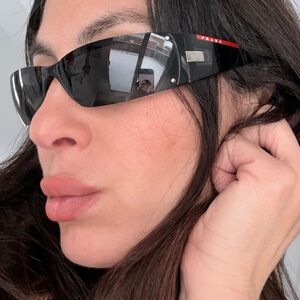 Prada Y2K Sunglasses Linea Rossa SPS 06E 2000s Black Sporty Sunglasses Authentic